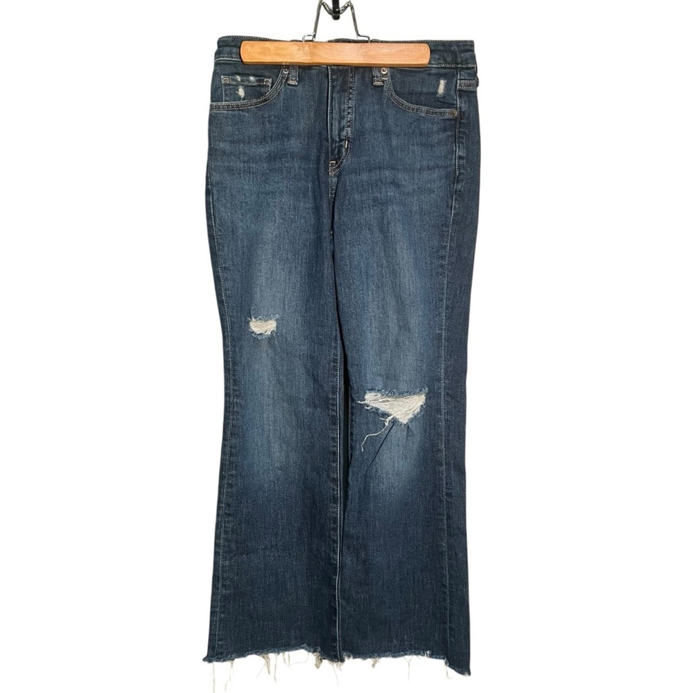 Uniqlo Women's Sz 24 Bootcut Jeans Dark Wash Distressed Raw Hem Mid-Rise Stretch